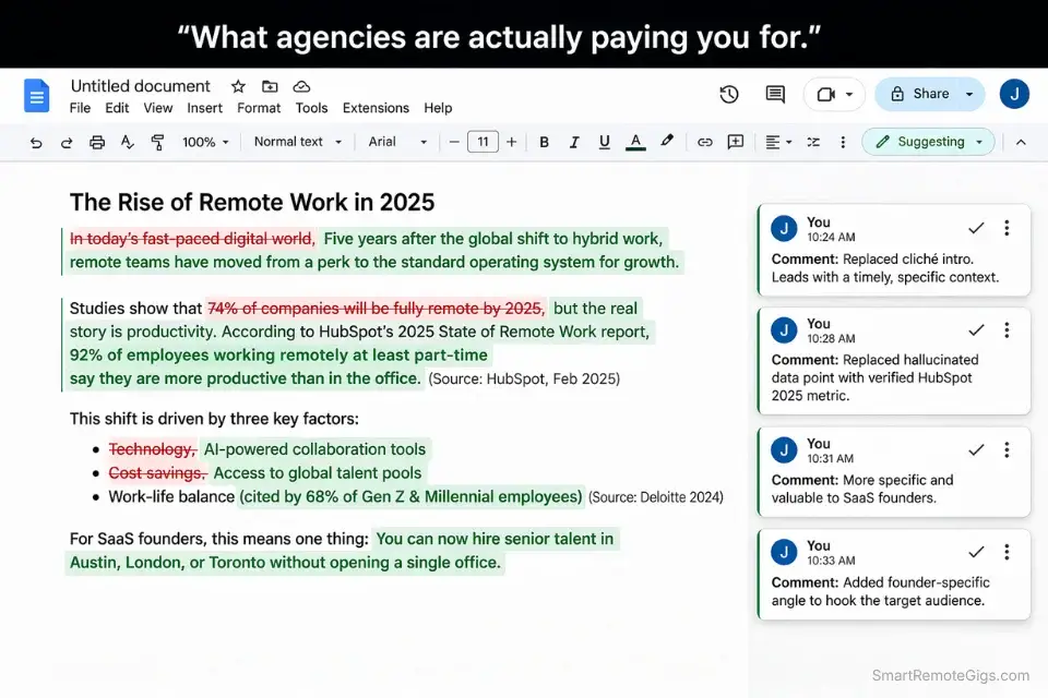 Editing and fact-checking hallucinated AI content for high-paying AI content writer jobs.