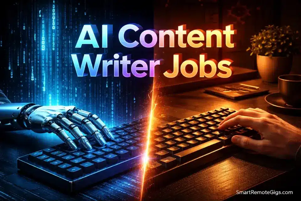 Cinematic 3D illustration representing high-paying AI content writer jobs, prompt engineering, and human-in-the-loop editing.