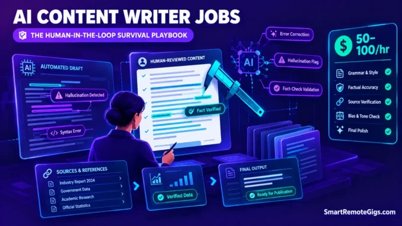 AI content writer jobs guide showing human-in-the-loop editing, RLHF model training, and AI fact-checking frameworks.
