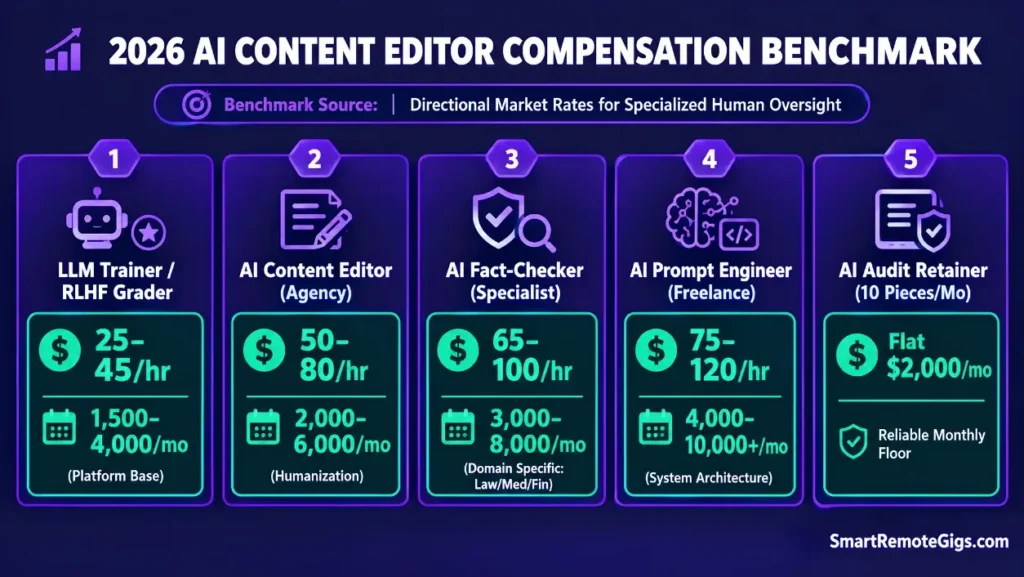 Compensation matrix for AI content writer jobs, RLHF trainers, prompt engineers, and AI fact-checkers.