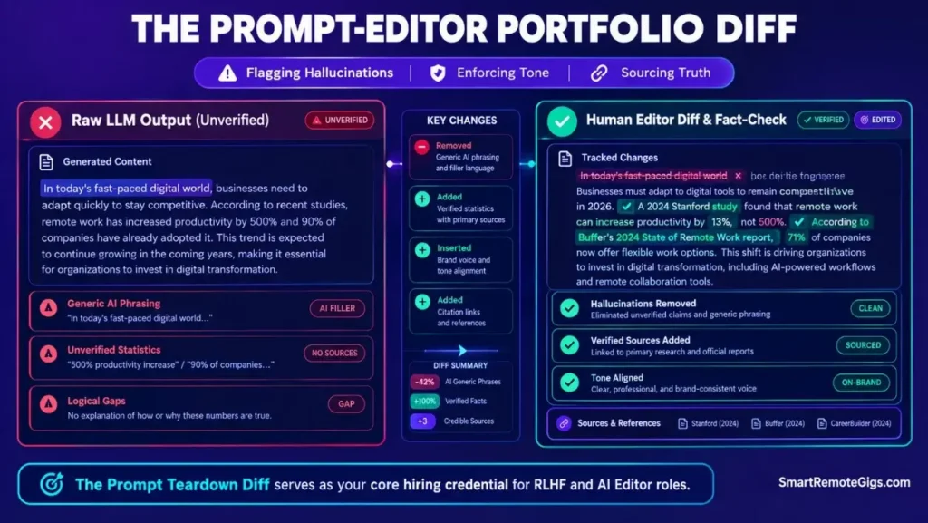 Before and after comparison of raw AI-generated text versus human-edited and fact-checked content for LLM training portfolios.