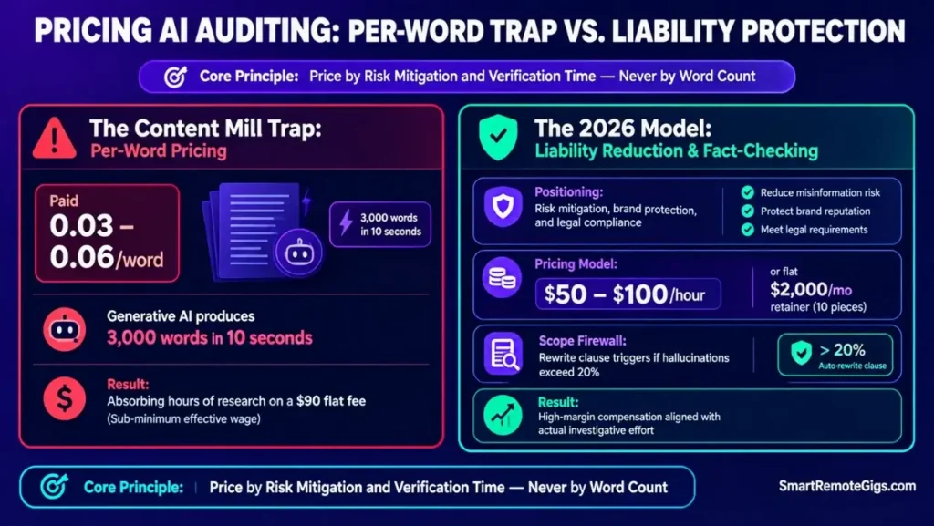 Diagram contrasting flawed per-word AI editing rates with high-ticket hourly and retainer liability pricing models.