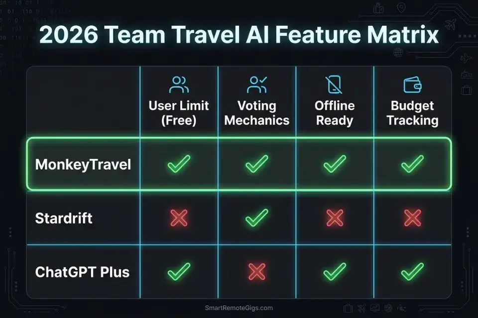 A comparison matrix showing the features, user limits, and voting mechanics of the top free AI group travel planners.