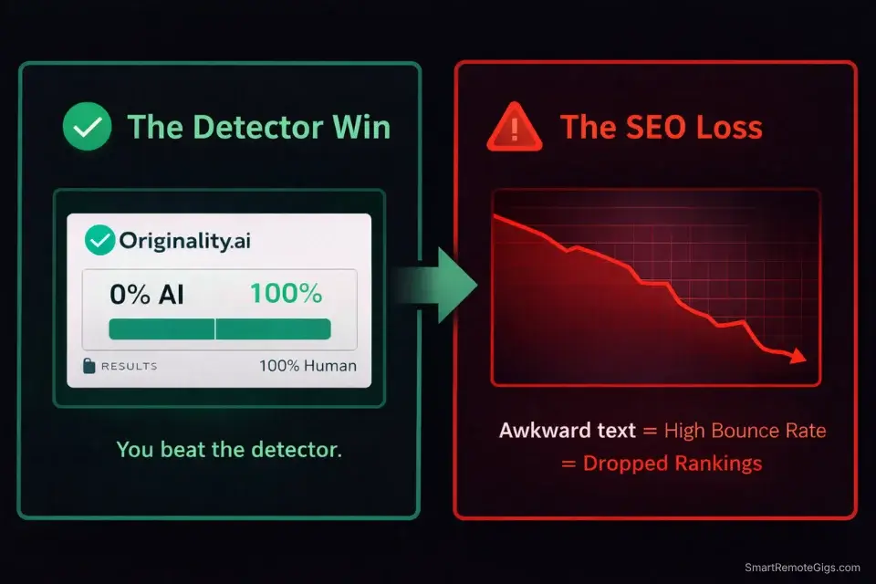 Infographic illustrating how aggressive AI humanizers can ruin SEO by causing high bounce rates and poor user engagement.
