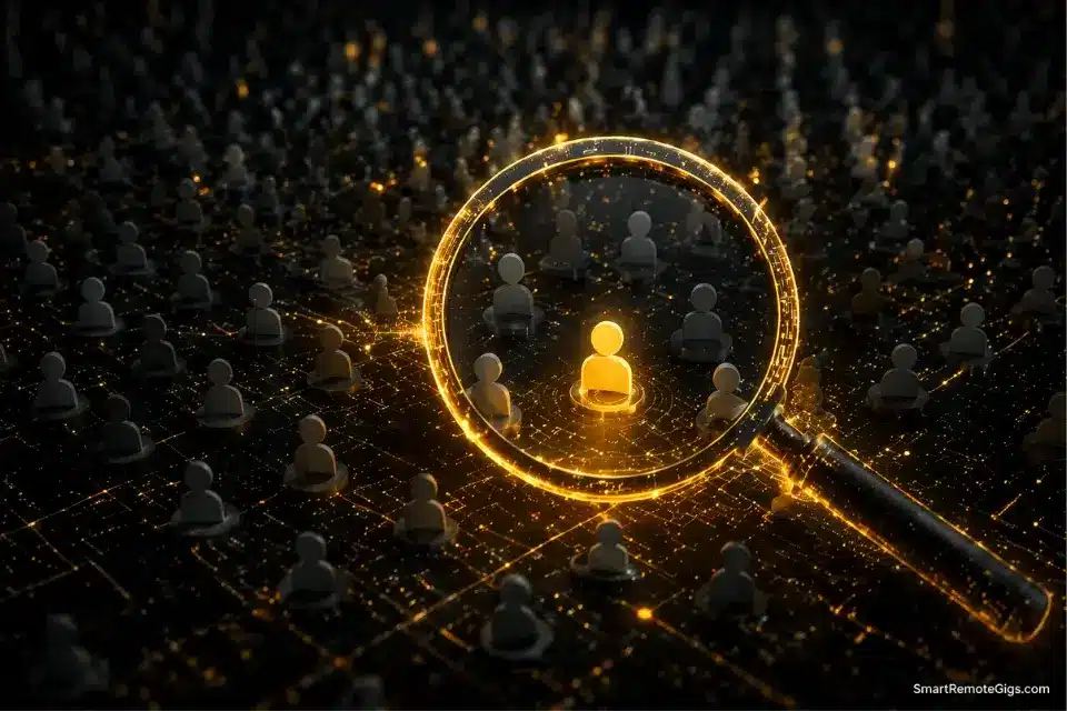 3D render of a glowing magnifying glass isolating a high-value micro-influencer in a vast sea of social media data using AI.