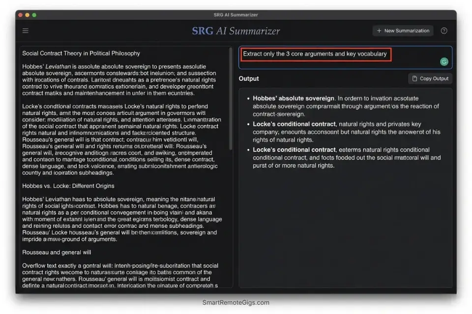 Screenshot demonstrating how students use an AI paragraph summarizer to extract key arguments from Quadrant 3 textbook reading.