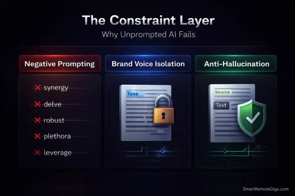 Infographic showing the three essential constraint features of a 2026-grade AI social media post generator