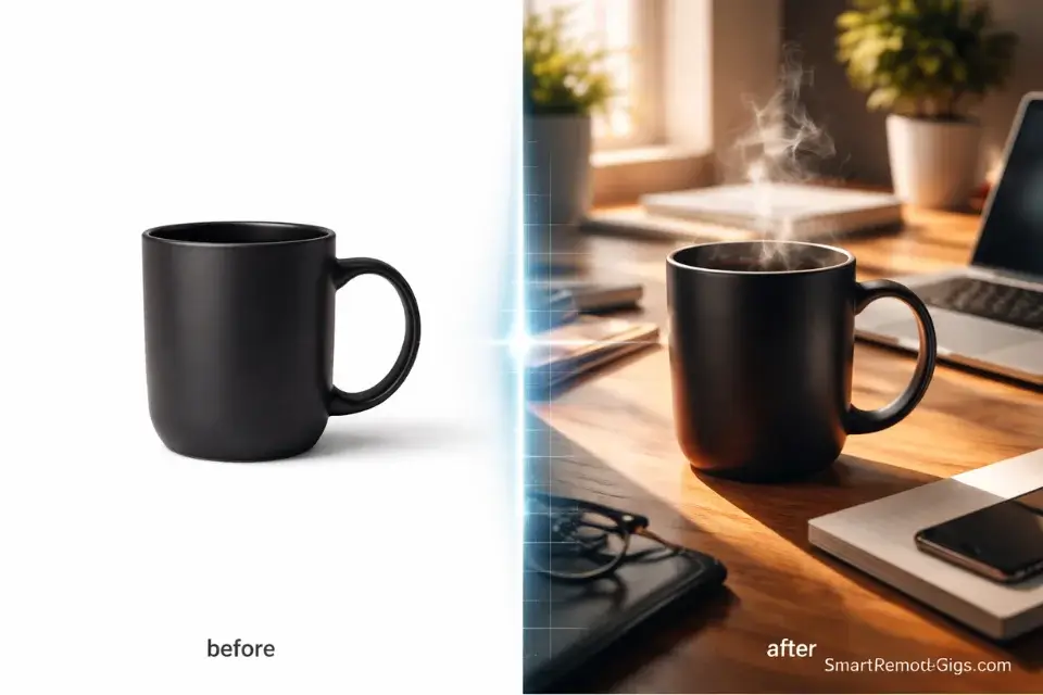 Conceptual image showing a basic product photo transformed into high-end lifestyle imagery using AI generation tools.