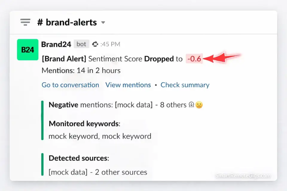 Screenshot of an automated Slack alert triggered by AI social listening tools detecting negative brand sentiment.