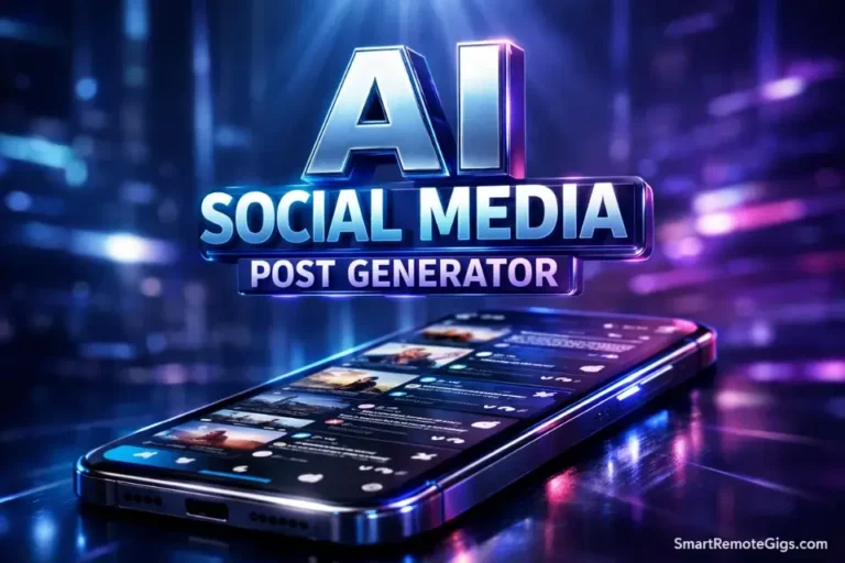 A futuristic smartphone generating 30 days of content using an AI social media post generator in 2026.