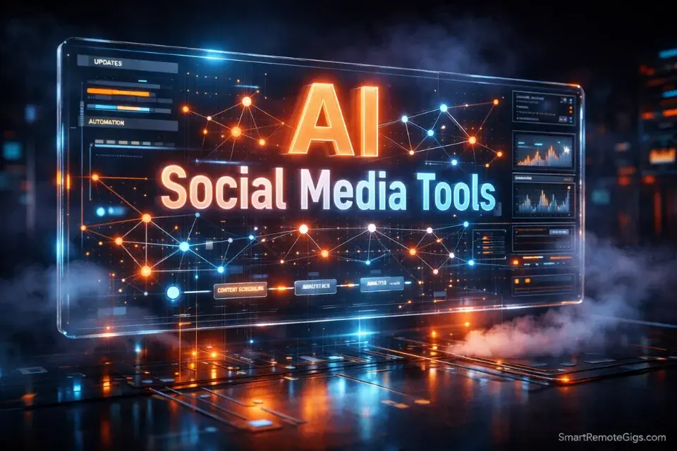 3D rendering of AI Social Media Tools 2026 showing automated content dashboards and neural networks.