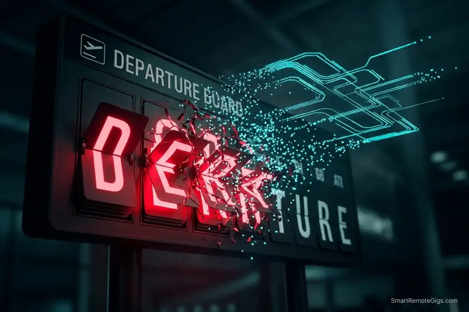 A 3D illustration of an airport departure board transforming into digital data, representing an AI group travel planner instantly recalibrating after a flight delay.