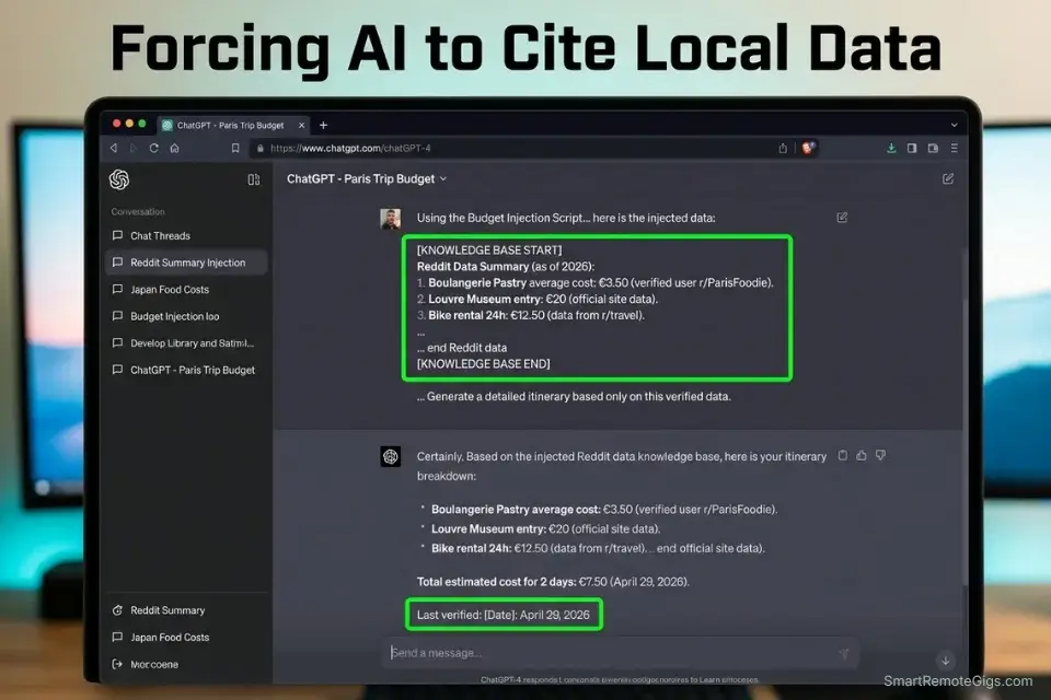 A ChatGPT screenshot demonstrating how to inject a local knowledge base into an AI travel planner prompt to avoid hallucinated budget pricing.