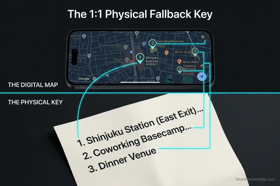 An infographic illustrating how to link numbered Google Maps digital pins to a printed physical navigation key generated by an AI travel planner.