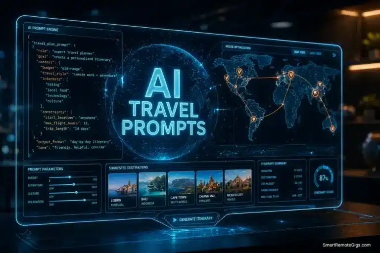 A futuristic holographic command console displaying routing data, representing how to write an AI travel planner prompt that works in 2026.