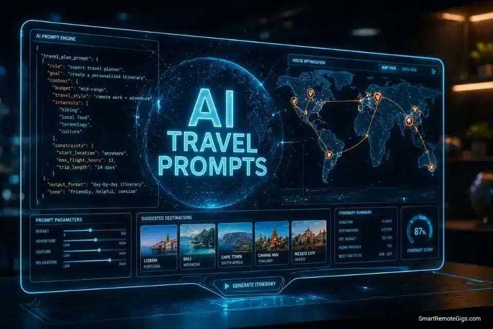 A futuristic holographic command console displaying routing data, representing how to write an AI travel planner prompt that works in 2026.
