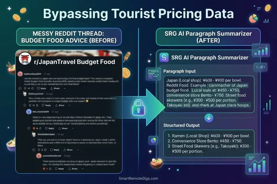 An infographic showing how to summarize raw Reddit local travel data before feeding it into a free AI travel planner prompt.