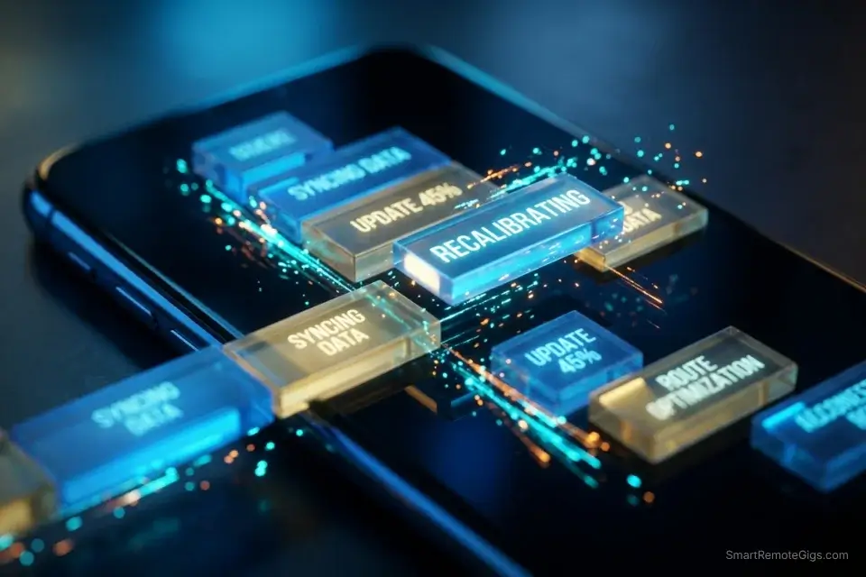 A 3D conceptual illustration of a digital timeline recalculating, representing the real-time pivot capabilities of a free AI travel planner.
