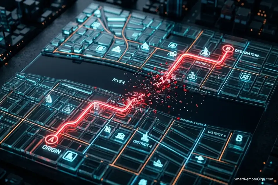 A 3D conceptual illustration of a digital map glitching, representing AI spatial hallucinations and the need for transit validation in travel prompts.