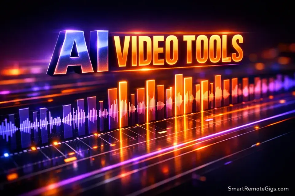 A glowing 3D video timeline automatically generating vertical clips, representing AI video tools for social media in 2026.