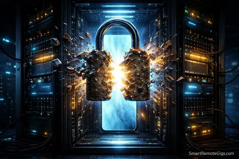 3D rendering of a padlock shattering to reveal watermark-free AI video exports, representing the ROI of paid rendering tiers.