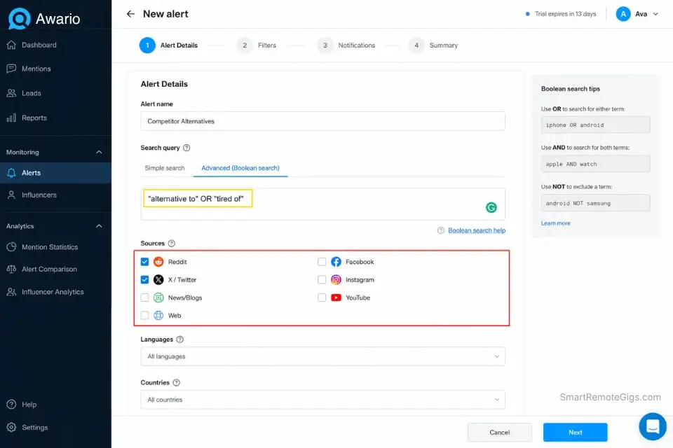 Screenshot of an Awario Boolean search query targeting long-tail buying intent and competitor alternatives on Reddit.