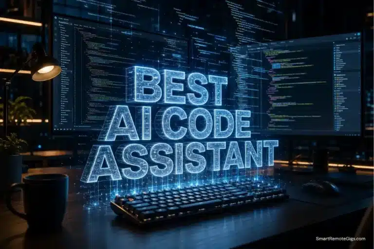 A high-end developer setup featuring glowing screens representing the best AI code assistant tools in 2026.