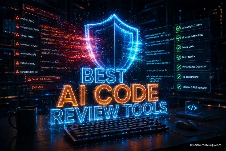 A glowing holographic security shield filtering vulnerable code, representing the best AI code review tools in 2026.