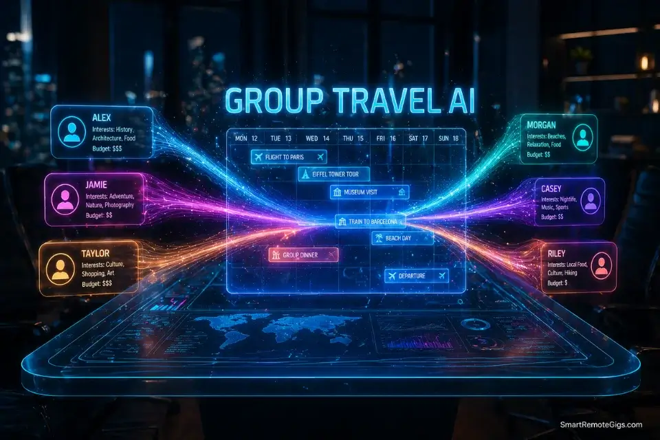 A holographic boardroom table showing data streams merging, representing the best AI group travel planner tools for remote team retreats in 2026.