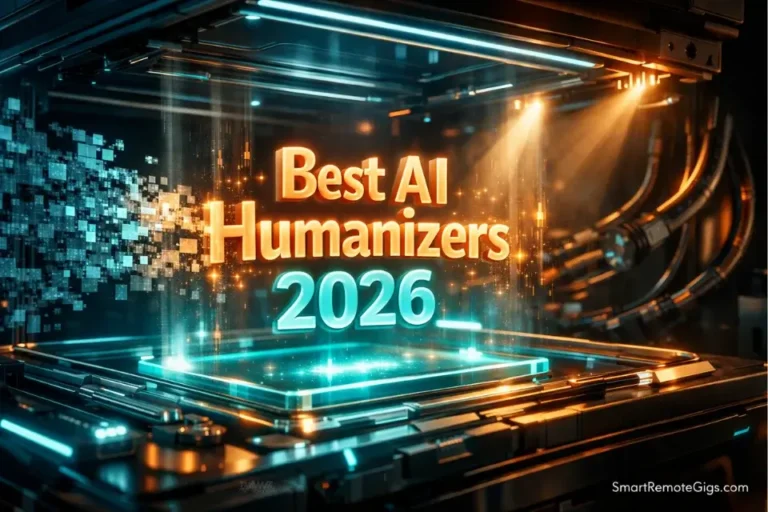 Cinematic 3D visualization of a digital scanner bypassing AI detection, displaying the Best AI Humanizers 2026 title.