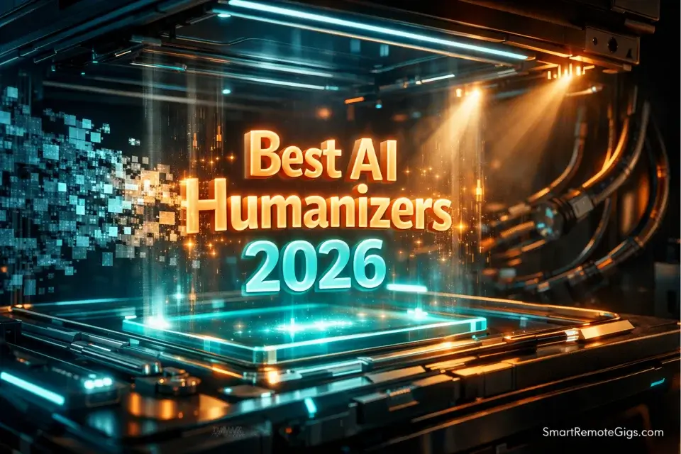 Cinematic 3D visualization of a digital scanner bypassing AI detection, displaying the Best AI Humanizers 2026 title.
