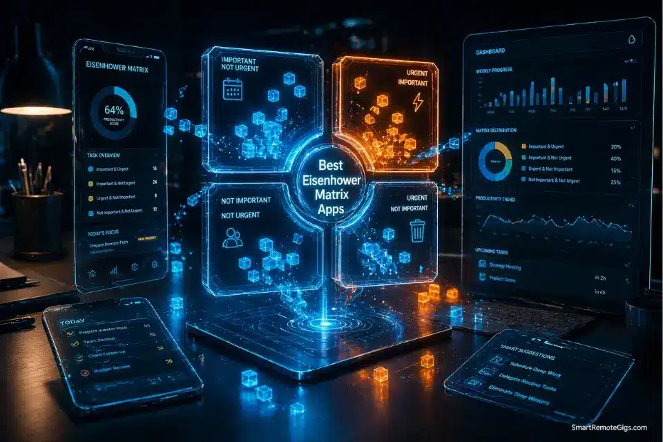 3D cinematic visualization reviewing the best Eisenhower Matrix apps in 2026 for automated task routing and prioritization.