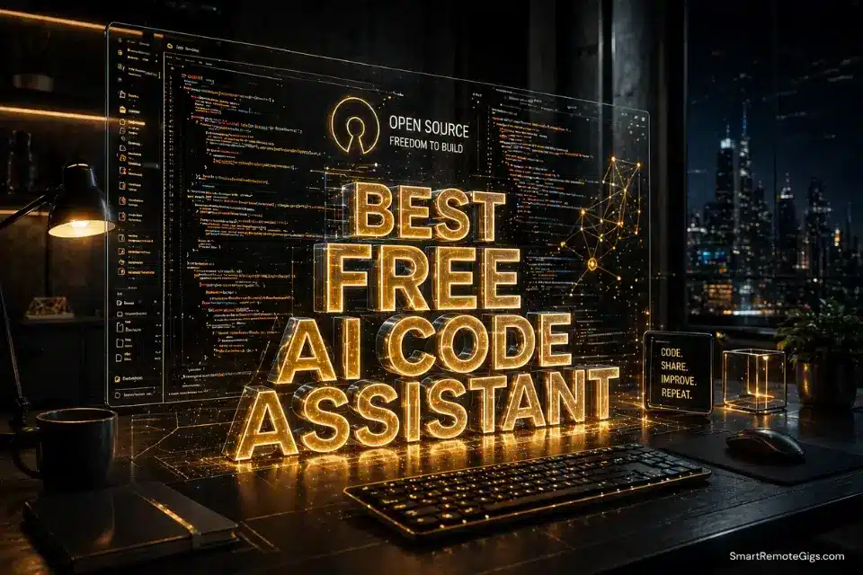 A high-end developer setup featuring a transparent glass monitor, representing the best free AI code assistant tools in 2026.