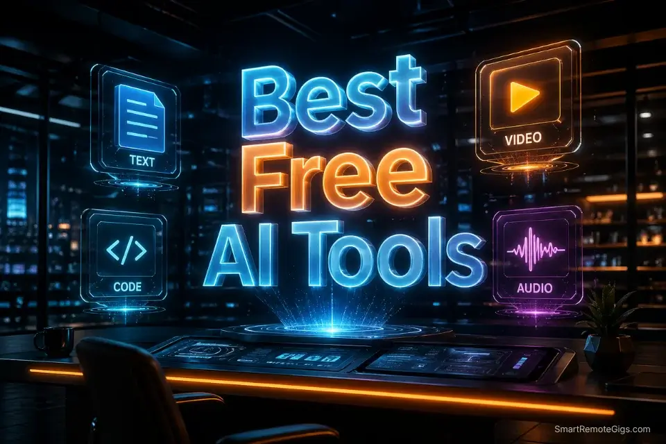 3D holographic command center displaying the best free AI tools 2026 for remote freelancers.