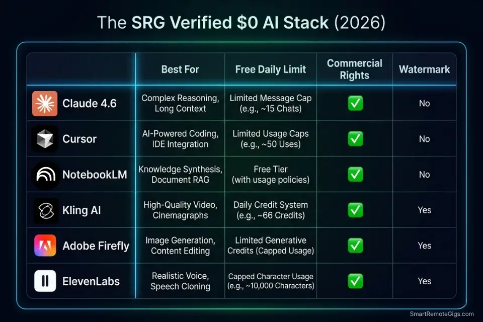 Comparison matrix of the best free AI tools in 2026 including Claude, Cursor, NotebookLM, Kling, and Firefly.