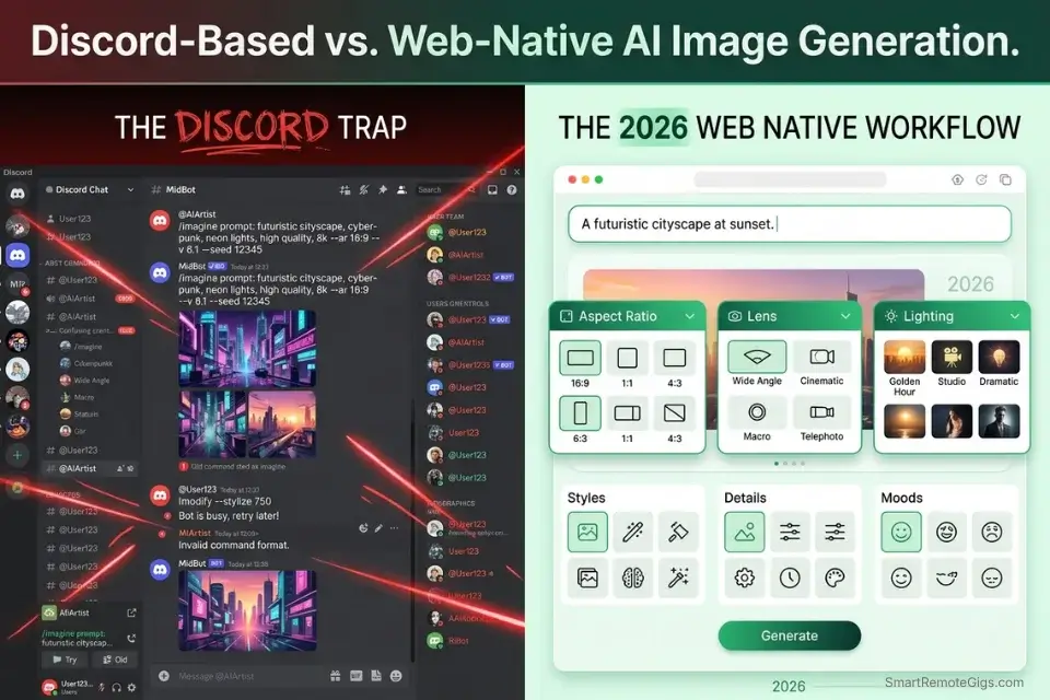 Infographic comparing confusing Discord AI art workflows with clean browser-native free AI image generators.