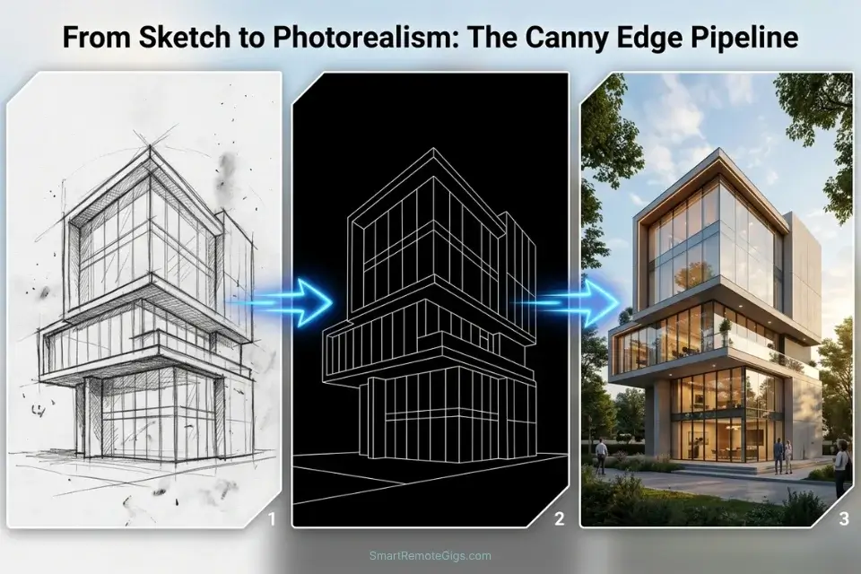 A 3-step workflow showing a pencil sketch converted into a Canny edge map and rendered into a photorealistic building using ControlNet.