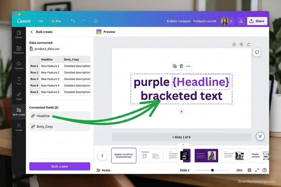 Screenshot of Canva's Bulk Create feature connecting a CSV data file to text layers for automated LinkedIn carousel generation.