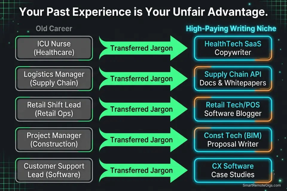 Flowchart showing how to translate past career experience into high paying remote technical writing niches.