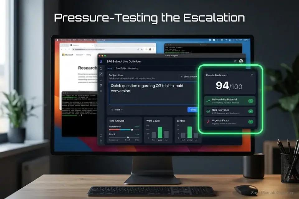 Screenshot of an email subject line tester validating the off-platform escalation of a linkedin cold messaging script for freelancers.