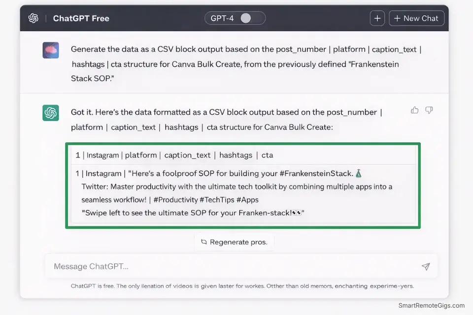 Screenshot of ChatGPT Free outputting a CSV formatted block for a Canva Bulk Create workflow using free AI social media tools.