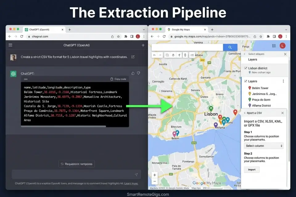 A split-screen tutorial showing how to extract a ChatGPT travel planner CSV itinerary and import it into Google My Maps.