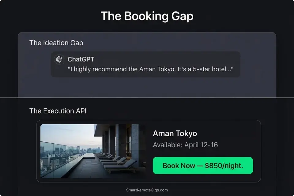 An infographic illustrating the transactional booking gap between a ChatGPT travel planner and an API-connected dedicated travel wrapper.