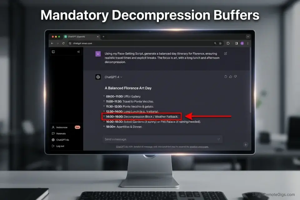 An AI travel itinerary output displaying a mandatory afternoon decompression block to maintain realistic travel pacing.