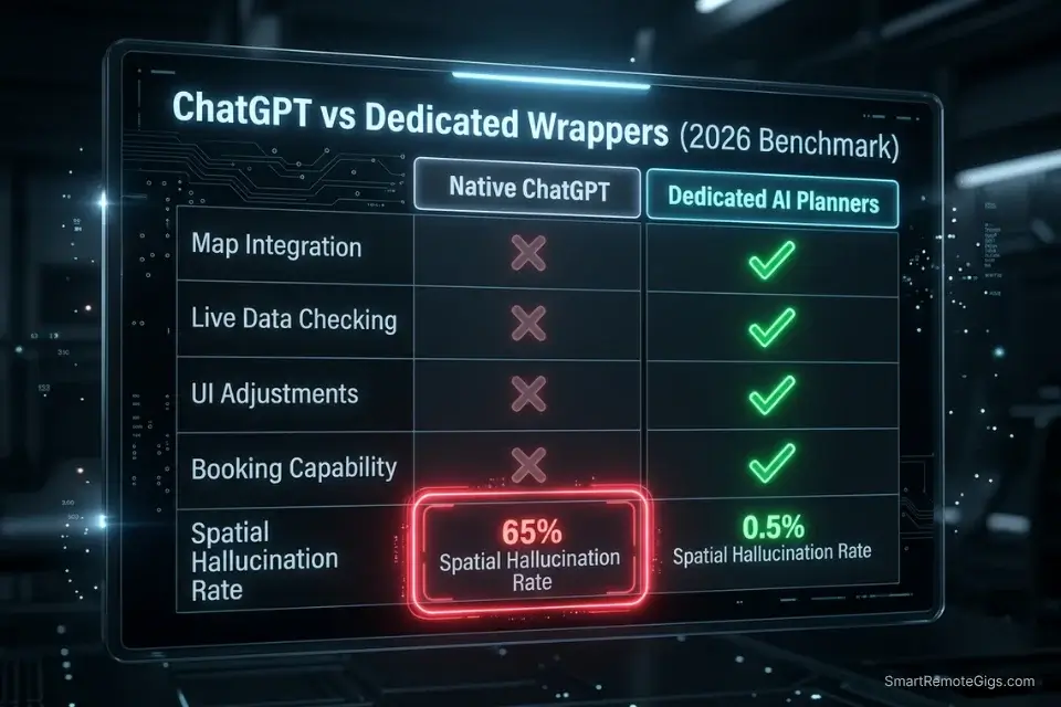 A feature comparison matrix pitting a native ChatGPT travel planner against dedicated AI travel apps.