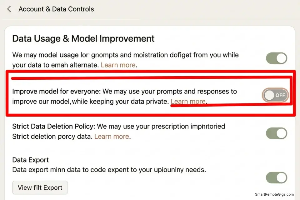 Screenshot highlighting how to disable model training in AI data privacy settings to protect client NDAs and proprietary information.