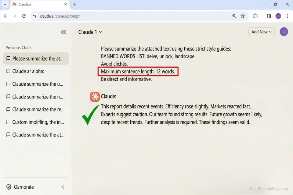 Screenshot of Claude AI applying the Anti-Robotic Scrub Script to delete banned cliché words and enforce a 12-word sentence maximum.