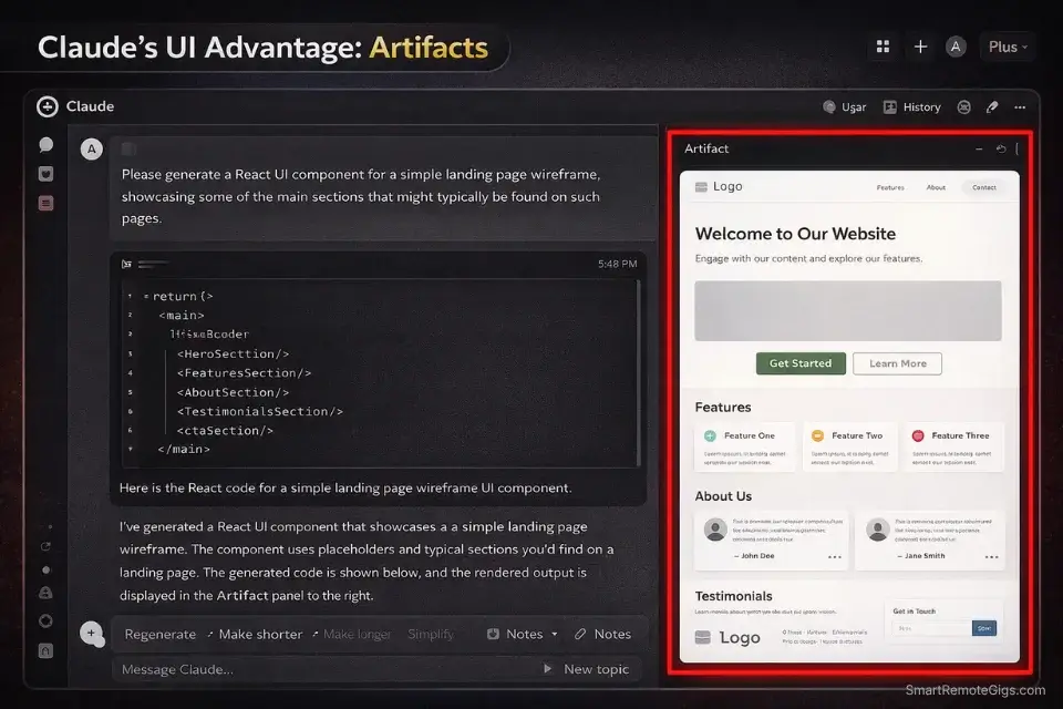 Screenshot of Claude's Artifacts feature rendering a functional UI component side-by-side with the chat.