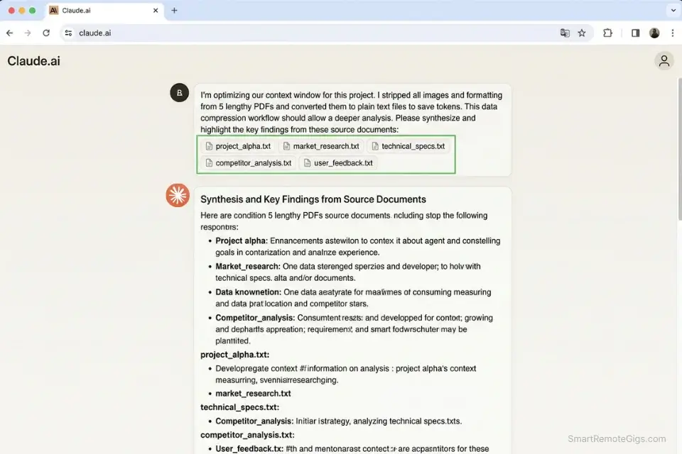 Screenshot of Claude Sonnet 4.6 free tier processing multiple compressed text files to save context window limits.
