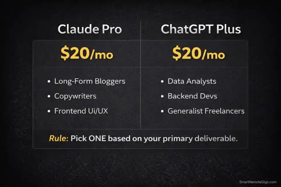Decision matrix infographic helping freelancers choose between the $20 per month Claude Pro and ChatGPT Plus subscriptions.